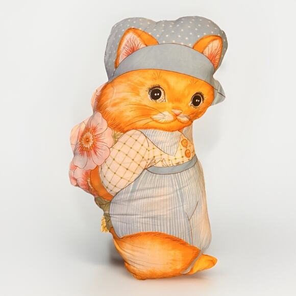 Vintage Cat Pillow Plush Orange Kitty Bonnet & Dress Cottagecore Decor - Picture 1 of 4